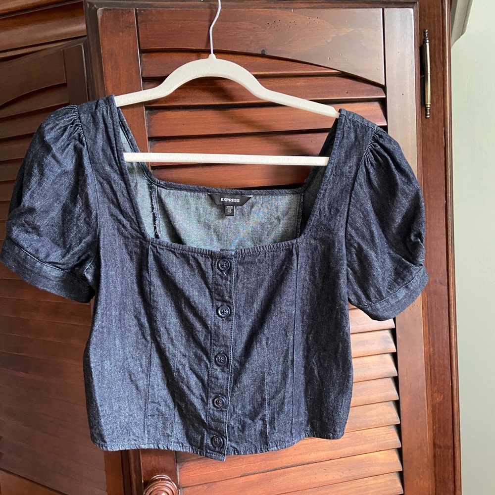 Express Dark Jean Puff Sleeve Crop Top